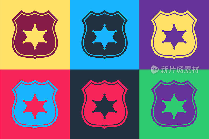 Pop art Police badge icon isolated on color background. Sheriff badge sign. Vector